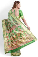 Banarasi Printed Crepe Silk Saree In Moss Green with Zari Border.