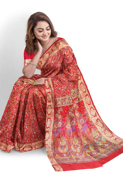 Crepe silk saree, Banarasi silk saree, Printed crepe silk saree, Red saree