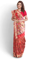 Banarasi Printed Crepe Silk Saree In Scarlet Red with Zari Border.