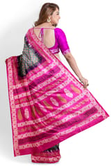 Smart and Elegant Block Printed Silk Saree in Steel Grey with Rani Pink Border and Anchal