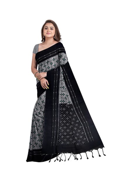 Pure Sambalpuri cotton Saree In Light Grey with Contrast Black Border and Aanchal