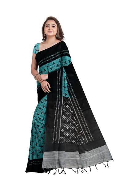 Pure Sambalpuri cotton Saree In Emerald Green with Contrast Black Border and Aanchal