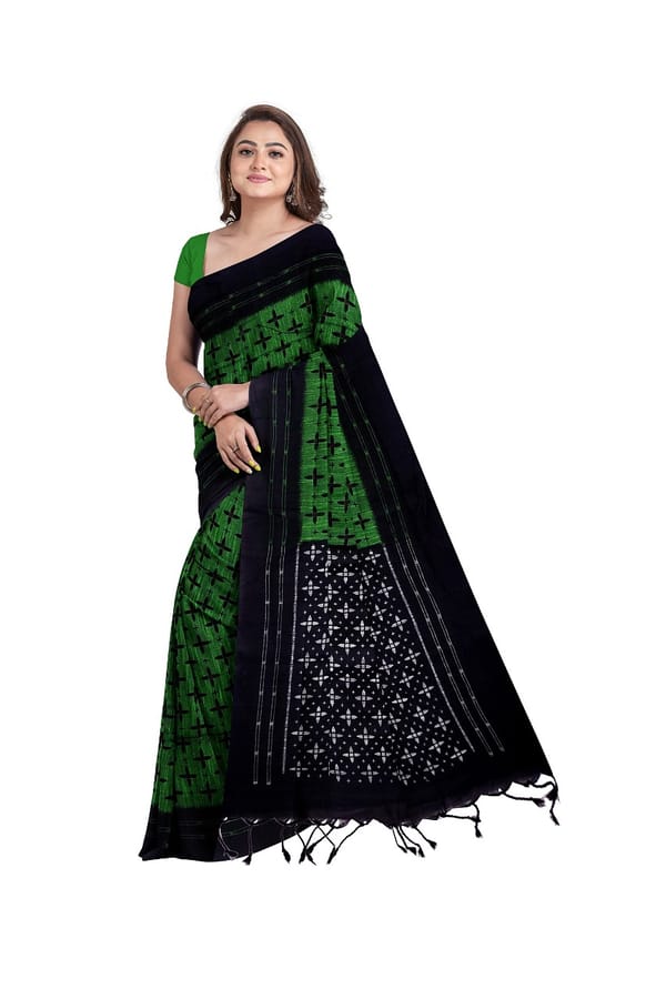 Pure Sambalpuri cotton Saree In  Green with Contrast Black Border and Aanchal