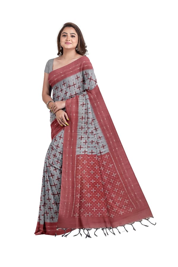 Pure Sambalpuri cotton Saree In Light Grey with Contrast Red Border and Aanchal