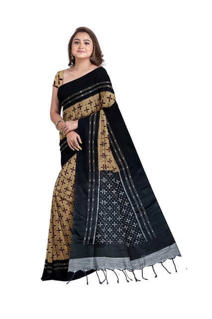 Pure Sambalpuri cotton Saree In Dull Mustard Yellow with Contrast Black and Grey Border and Aanchal