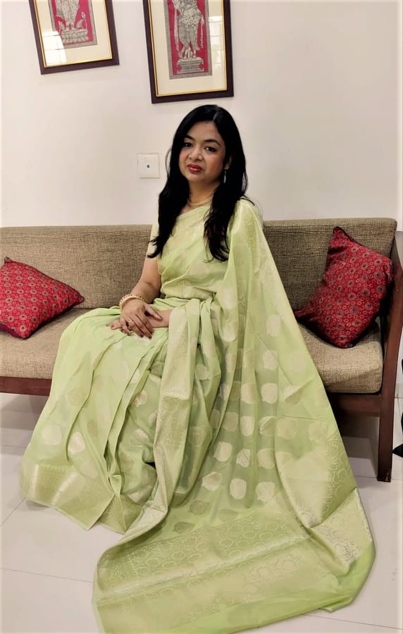 Pure Banarasi Katan Silk in Pista Green with Zari Butis and Aanchal