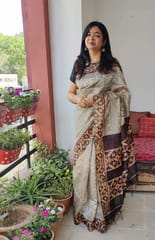 Smart and Elegant Pure Bengal Ghicha Tussar Silk Saree with Madhubani Print