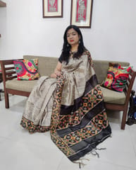 Smart and Elegant Pure Bengal Ghicha Tussar Silk Saree with Madhubani Print