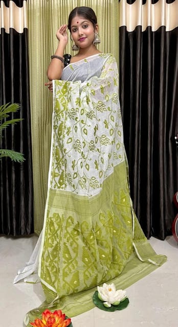 Pure Cotton Bengal Jamdani Saree in a Beautiful combination of Olive Green and White