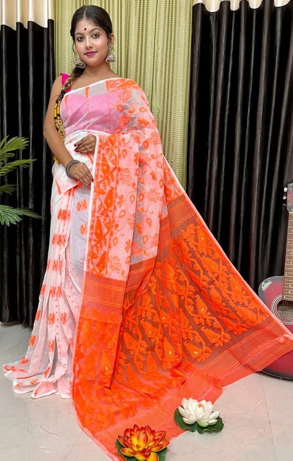 Pure Cotton Bengal Jamdani Saree in a Beautiful combination of Marigold Orange and White