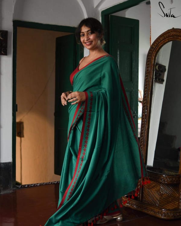 Bengal Khadi Cotton Saree in Sea Green with Red Heart Motifs Border