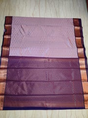 Gorgeous Pure Kanjivaram Silk Saree in Light Tan Colour with Contrast Violet Border and Anchal