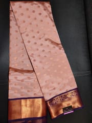 Gorgeous Pure Kanjivaram Silk Saree in Light Tan Colour with Contrast Violet Border and Anchal