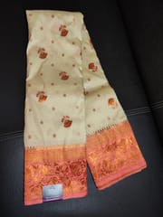 Beautiful Pure Kanjivaram Silk Saree in Chiffon Cream with Contrast Orange Soda Border and Anchal