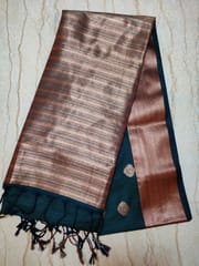 Beautiful Pure Kanjivaram Silk Saree in Forest Green with Copper Zari Woven Border and Anchal