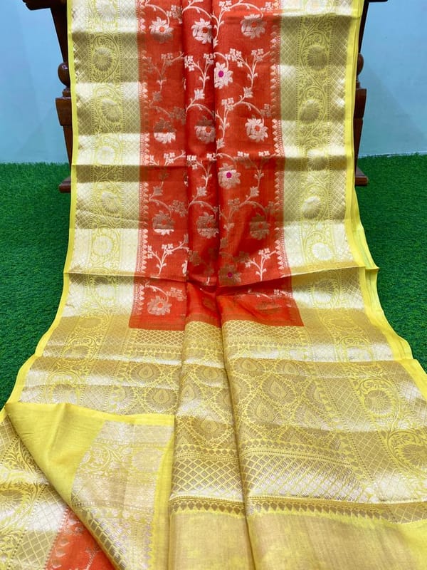 Banarasi Georgette Saree in Red with Jaal Work and Contrast Yellow Border and Anchal