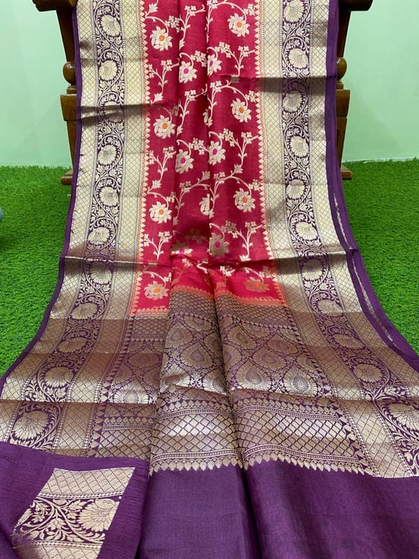 Banarasi Georgette Saree in Cherry Red with Jaal Work and Violet Anchal