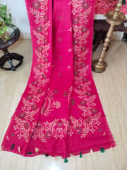Smart and Elegant Pure Linen Kota Saree in Cherry Red with Block Prints