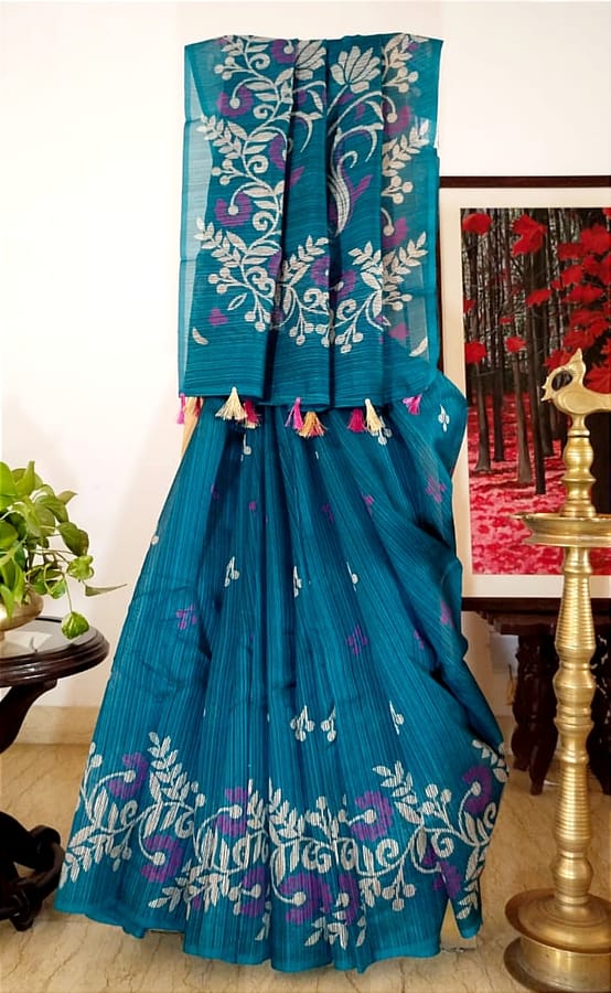 Smart and Elegant Pure Linen Kota Saree in Peacock Blue with Block Prints