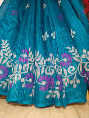 Smart and Elegant Pure Linen Kota Saree in Peacock Blue with Block Prints