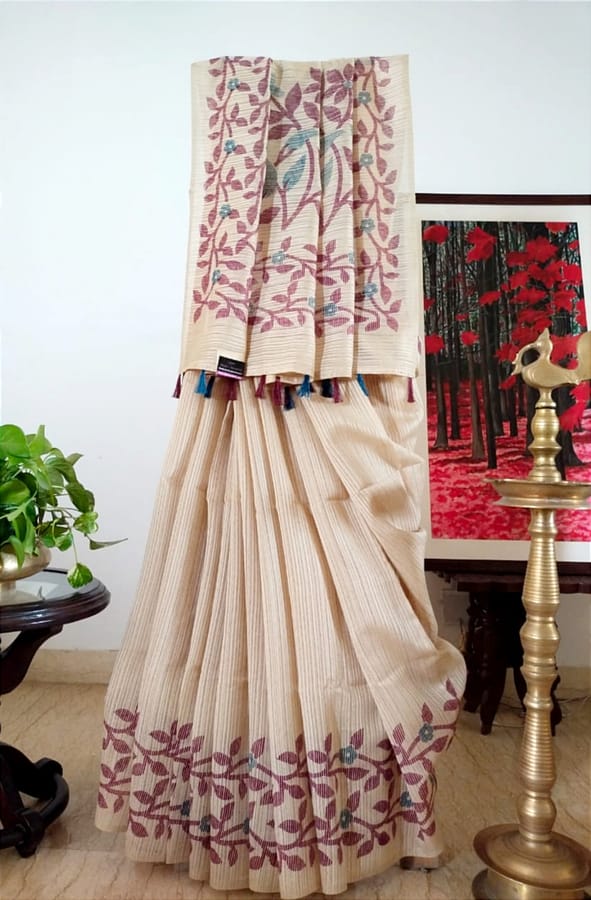 Smart and Elegant Pure Linen Kota Saree in Ivory Colour with Block Prints