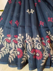 Smart and Elegant Pure Linen Kota Saree in Navy Blue with Block Prints