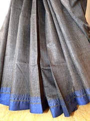 Pure Handloom Banswada Bhagalpur Cotton Saree in Slate Grey with Indigo Border