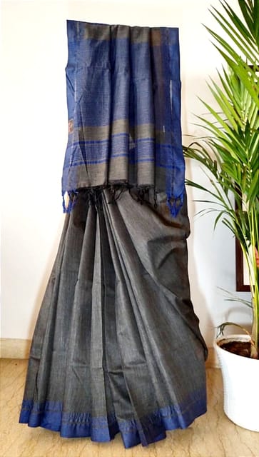 Pure Handloom Banswada Bhagalpur Cotton Saree in Slate Grey with Indigo Border