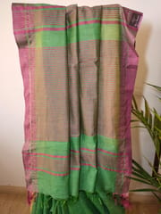 Pure Handloom Banswada Bhagalpur Cotton Saree in Olive Green with Pink Border