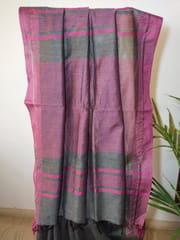 Pure Handloom Banswada Bhagalpur Cotton Saree in Slate Grey with Pink Border