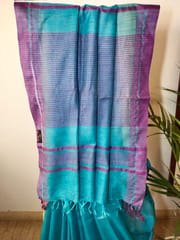 Pure Handloom Banswada Bhagalpur Cotton Saree in Firoza Blue with Pink Border