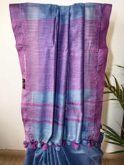 Pure Handloom Banswada Bhagalpur Cotton Saree in Denim Blue with Pink Border