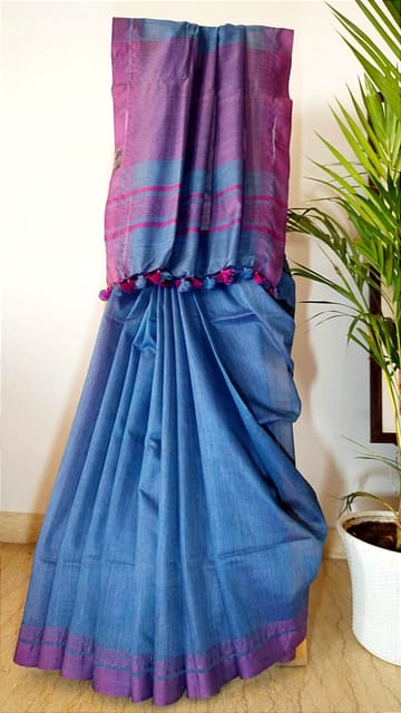Pure Handloom Banswada Bhagalpur Cotton Saree in Denim Blue with Pink Border
