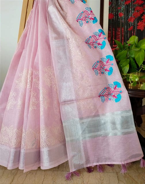 Beautiful Banarsi Tissue Silk Saree in Baby Pink with Caration design Hand embroidery and Chikankari Work