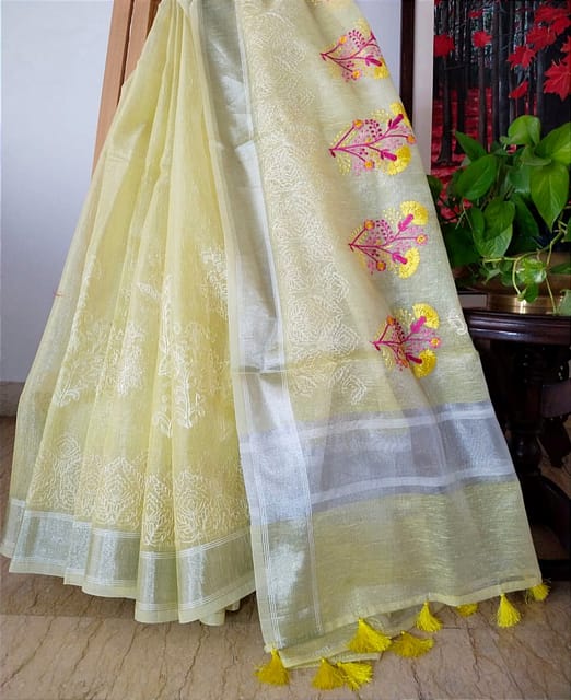 Beautiful Banarsi Tissue Silk Saree in Lemon Yellow with Carnation Design Hand Embroidery and Chikankari work