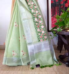 Beautiful Banarsi Tissue Silk Saree in Pista Green with Floral Hand Embroidery and Chikankari Work