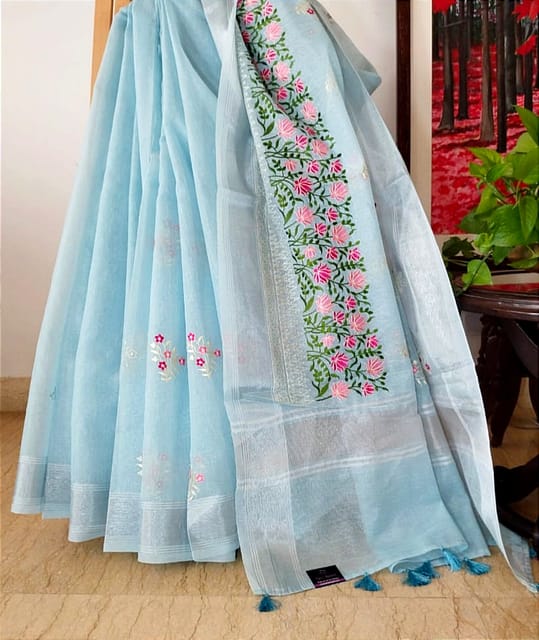 Beautiful Banarsi Tissue Silk saree in Sky Blue with Floral Hand Embroidery and Chikankari work