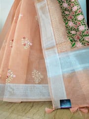 Beautiful Banarsi Tissue  Saree in Melon Orange with Lotus Hand Embroidery and Chikankari work