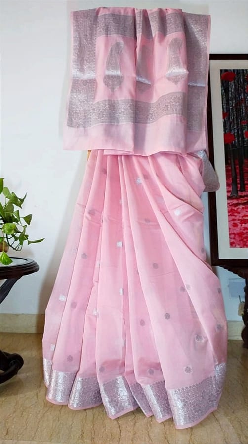 Baby Pink Banarasi Pure Organza Silk Saree with Silver Zari Work