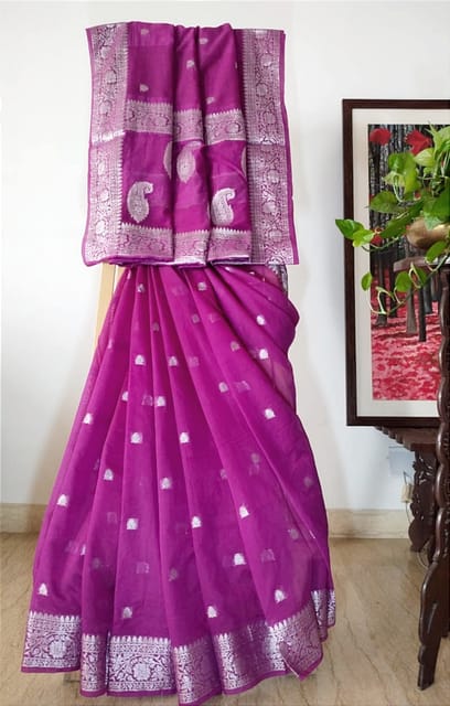 organza saree, Banarasi saree, violet saree