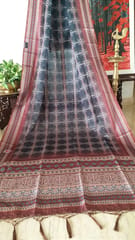 Black with Maroon Border Ajrakh Print Pure Kota Saree with light zari lining in border and aanchal