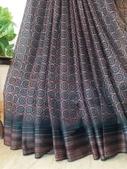 Maroon and Black Ajrakh Print Pure Kota saree with light zari lining in the border and aanchal