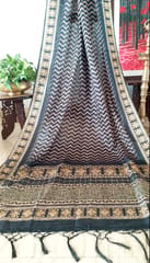 Black, Cream and Brown Ajrakh Print Pure Kota Saree with light Zari lining in the border and Aanchal