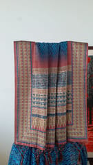Blue, Cream and Maroon Ajrakh Print Pure Kota Saree with light Zari lining in the border and Aanchal