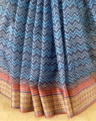 Blue, Cream and Maroon Ajrakh Print Pure Kota Saree with light Zari lining in the border and Aanchal