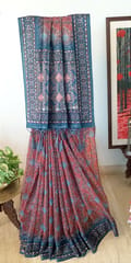 Maroon, Blue and Black Ajrakh Print Pure Kota Saree with light Zari lining in the border and Aanchal