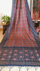 Maroon, Blue and Black Ajrakh Print Pure Kota Saree with light Zari lining in the border and Aanchal