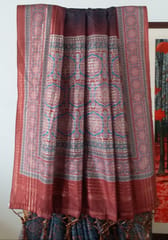 Blue,Maroonish Red, and Black Ajrakh Print Pure Kota saree with light zari lining in the border and aanchal