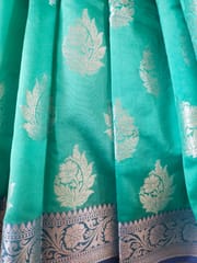 Sea Green Banarasi Cotton Silk Saree with Contrast Border & Anchal, Silver Zari Work