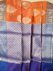 Mandarin Orange Banarasi Cotton Silk Saree with Contrast Border & Anchal, Silver Zari Work